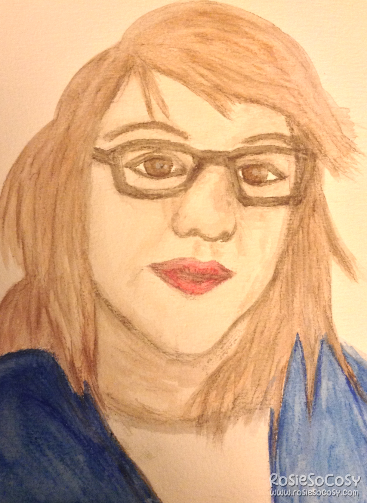 Self portrait of Rosie, done in watercolour. Rosie is wearing black frame glasses, a blue cardigan and has red lips. Her hair is brown, and she has brown eyes. She's looking at the camera, with a neutral face.