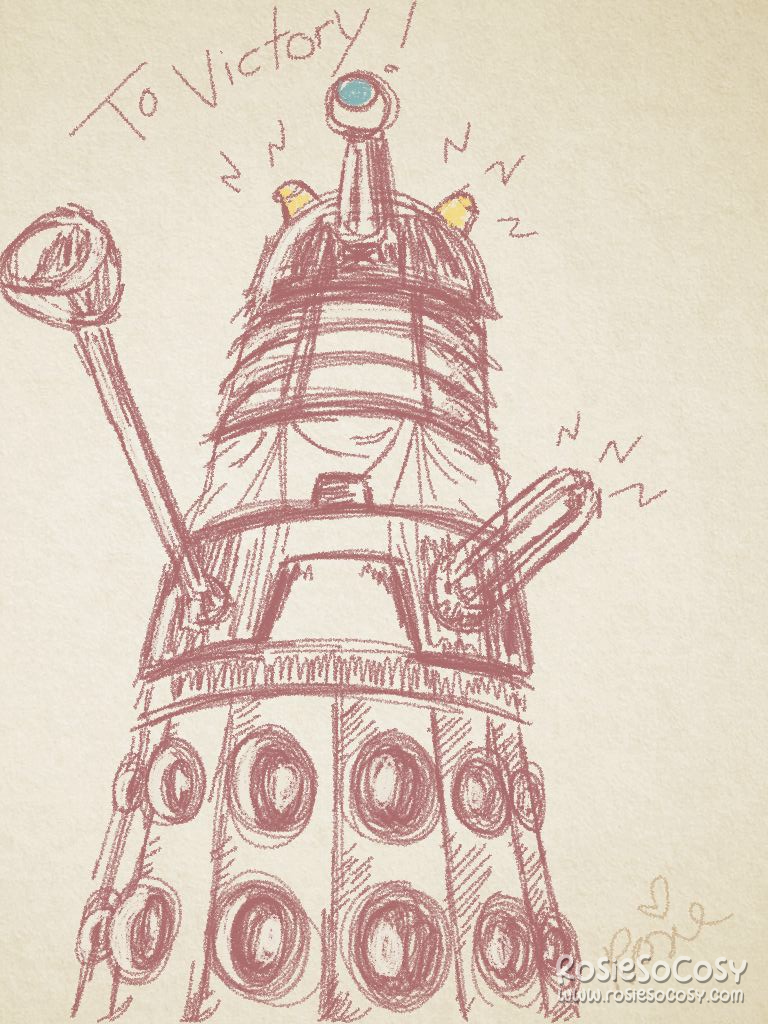 A sketch of a Dalek shouting "To Victory!" - The Dalek is drawn with a red pencil. The eye stalk has a blue visor and the lights on top of the Dalek are yellow.