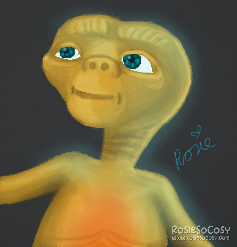 An illustration of E.T. from the movie E.T. from 1982. E.T. is looking to the left. He is a golden yellow with a blue glowy hue surrounding him. Inside him it's glowing red. E.T. is smiling.