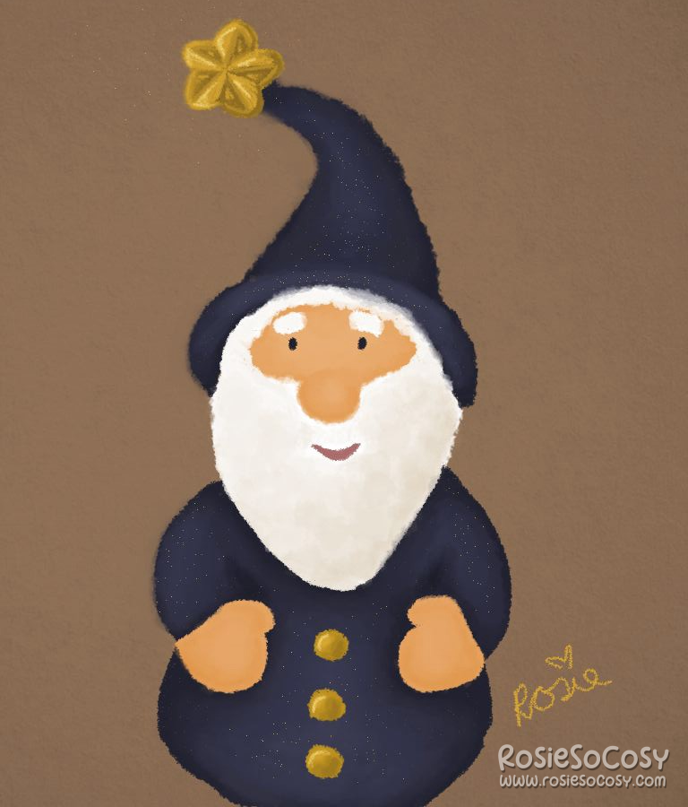 A gnome like figurine with a dark blue, glittery outfit. He is wearing a big robe and a matching pointy hat. The hat is slightly bending to the left. At the end of the hat is a big golden star. The robe has three big golden buttons. The gnome has an orangy skin tone, black tiny eyes, a friendly smile and a big, fluffy white beard.