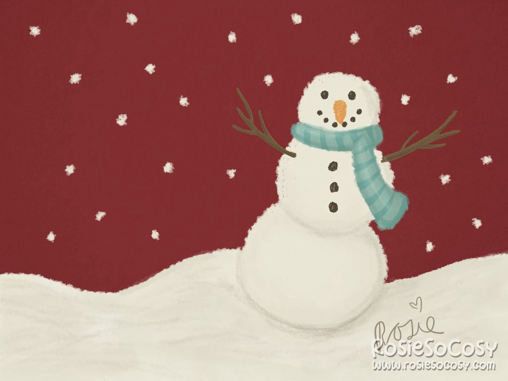 A creamy white snowman standing in the middle of hills of snow. The snowman is smiling, has a light blue striped scarf, and three black buttons, an orange carrot as a nose and two brown sticks as arms. It's snowing all around the snowman. And the background is dark red.