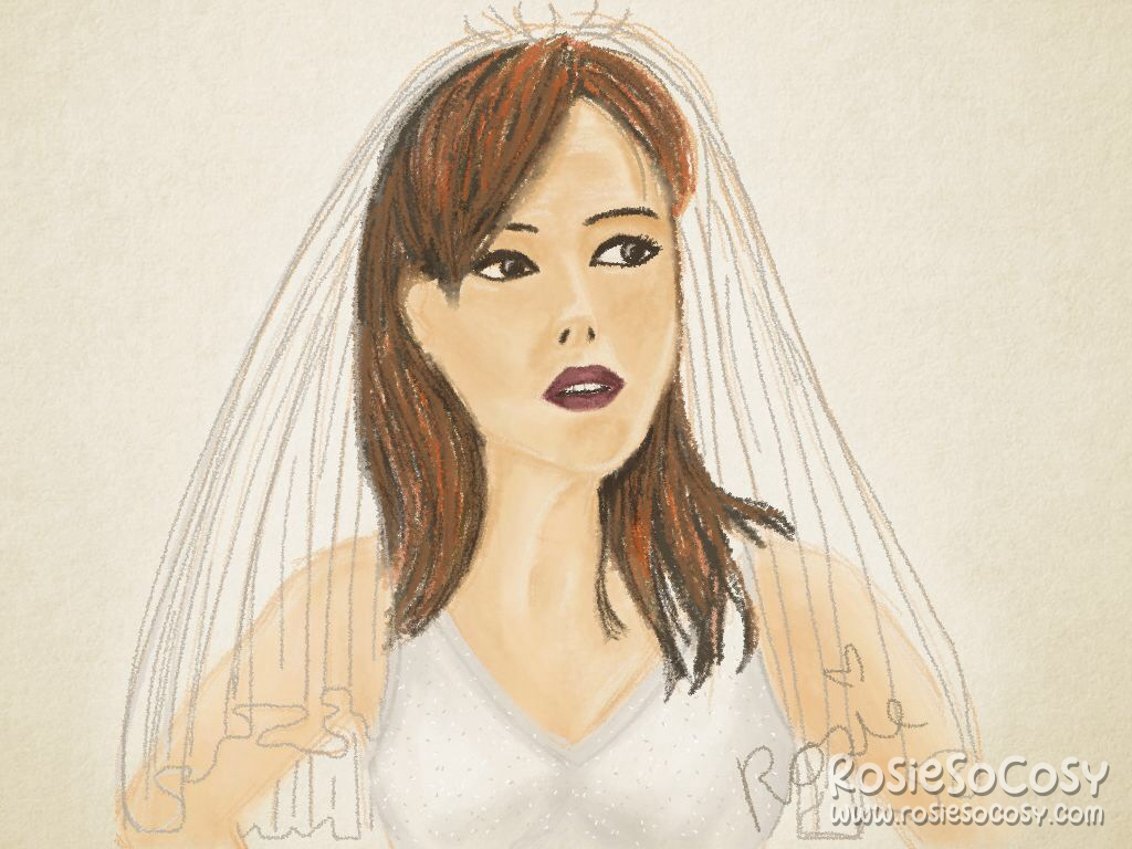 Digital drawing of Donna Noble, a character from Doctor Who. She is portrayed by Catherine Tate and she is the companion to the 10th Doctor. Donna is a ginger and has long, straight hair. She is wearing a creamy white wedding dress and veil. Her lips are tinted a reddish purple and she is looking to her left.