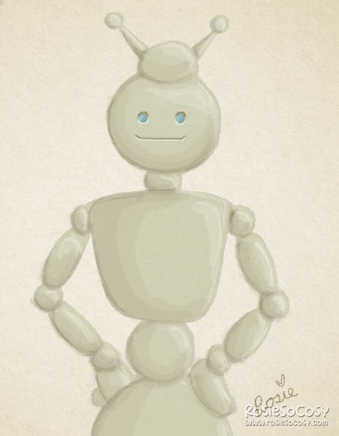 A beige/green robot seen from the hips up. The robot's hands are on its hips. The robot has a round head, with round light blue eyes. There is a round shape on top of its head, and two antennae connected to it. The arms have visible round joints and oval shaped upper and lower parts. The robot is smiling at the camera.