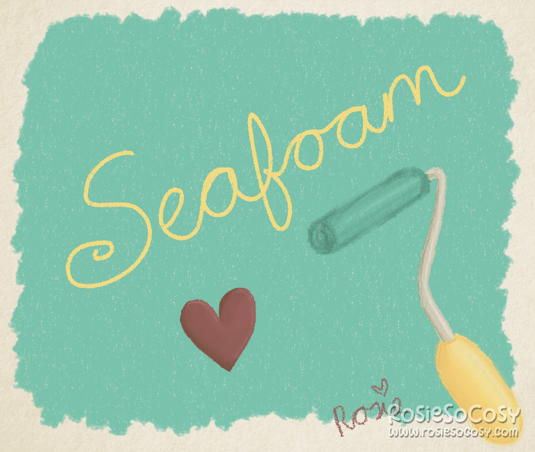 There's a yellow paint roller painting the background a seafoam colour. The seafoam is in a rectangular shape. On top of the rectangle there's the word Seafoam written together in yellow. Below on the seafoam rectangle is a red heart.