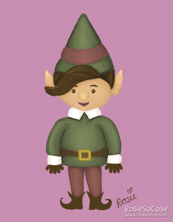 A Christmas elf standing with their arms on each side of the body. The Elf is wearing a dark green pointy hat with a plum/reddish border around it. Furthermore they have a green jumper/tunic with a brown belt over it, and a button up shirt of which you can see the collar and sleeves underneath. The pants are the same plum/reddish colour as the accent in the hat. The shoes are typical with the front curling upwards. The elf is also wearing black gloves. Finally, the elf has brown short pixie hair.