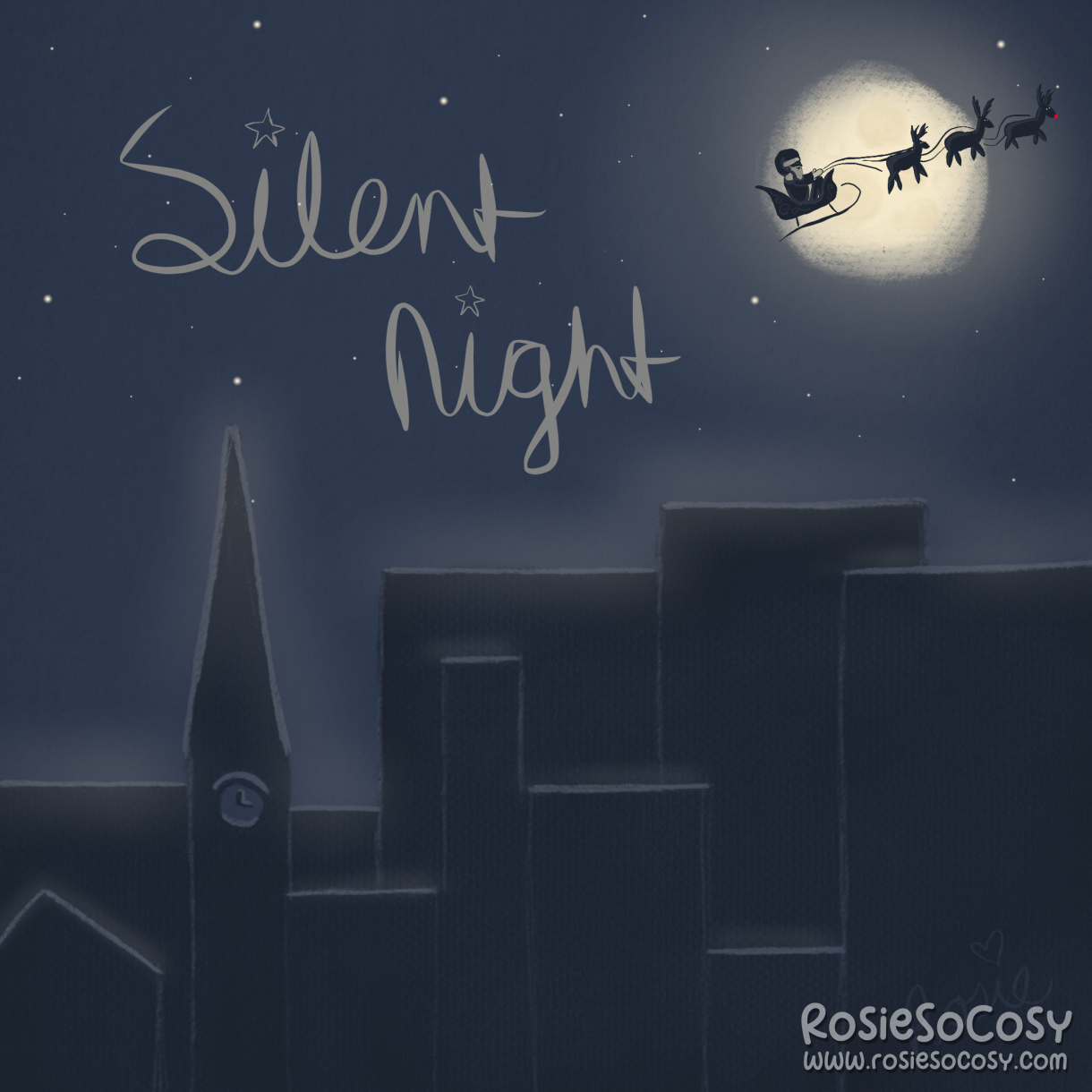 Silent Night. A quick drawing of a nighttime setting with a church and several high buildings in the sky. The buildings are all really dark blue silhouettes. The sky is a medium to dark blue and there's a white/yellow moon in it. On the left it says Silent Night, and on the right, over the moon, you can see Santa's sleigh with his reindeer.