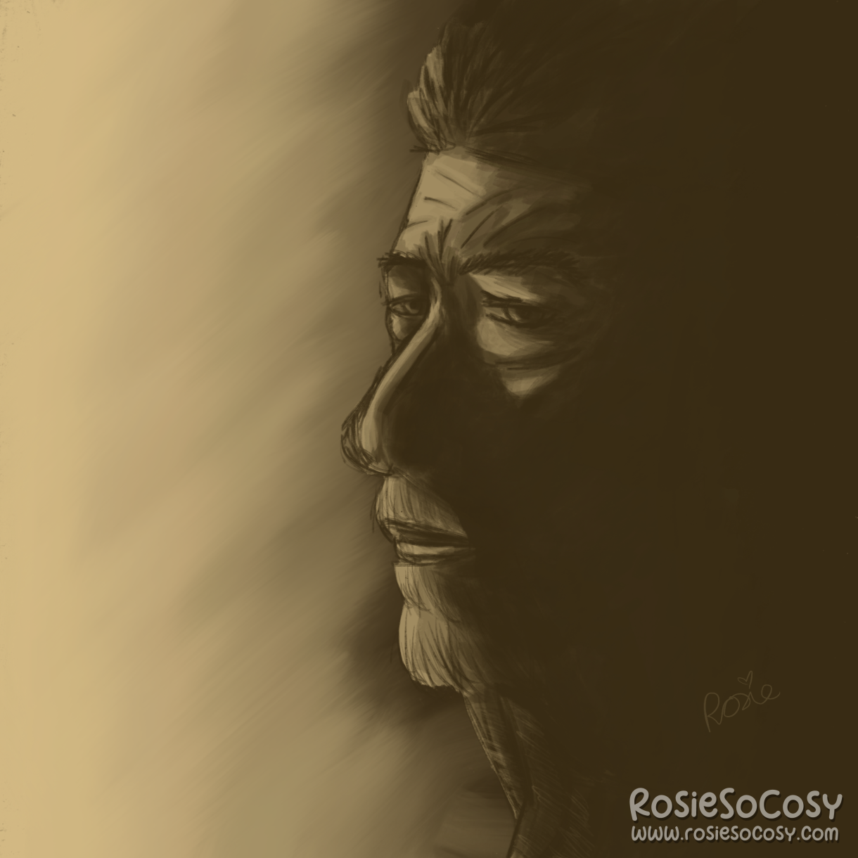 A quick drawing of John Hurt. Just two colours, a beige brown and a dark brown colour. John Hurt is looking into the distance, he has a serious expression on his face. John Hurt is portraying the War Doctor from Doctor Who.