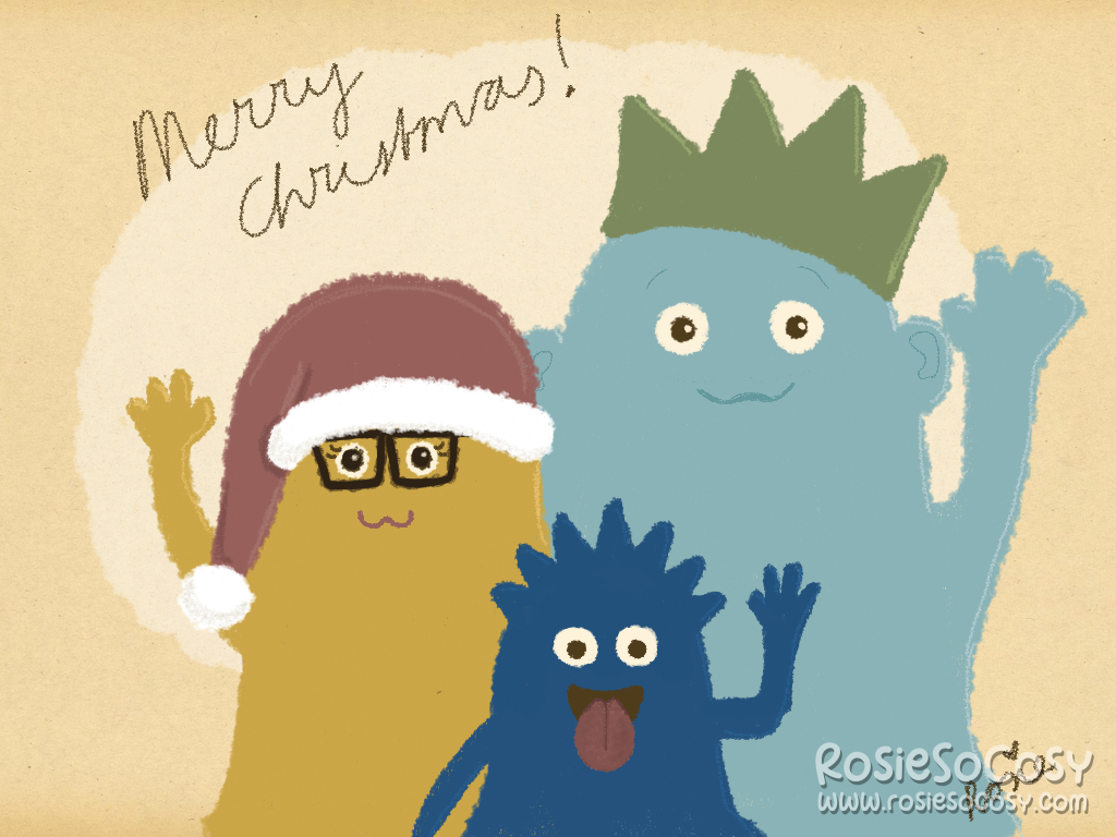 This is an illustration of a monster family. Mommy Monster is yellow, she's wearing a red santa hat and black framed glasses. Daddy Monster is light to medium blue, and is wearing a green Christmas crown. Kiddo Monster is dark blue and has spikes on top of his head. He's sticking out his tongue, unlike his parents who are smiling at the camera. All three of them are waving at the camera.