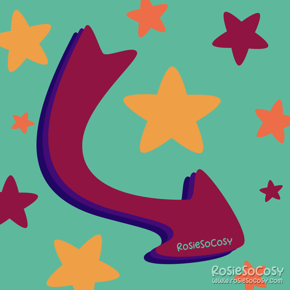 Illustration of an arrow surrounded by stars. The background is seafoam. The arrow is a dark fuchsia pink, its shadows are purple. The stars are yellow, orange and dark pink.
