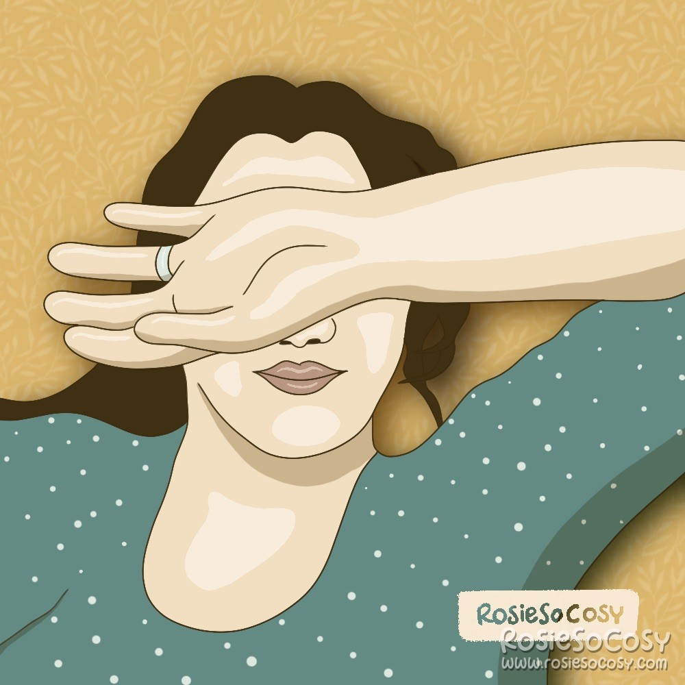 An illustration of a brunette woman lying in bed, covering her eyes with her hand, shielding herself from the harsh light. She is wearing a seafoam shirt with white dots. Her background (the bedding) is yellow with a subtle white floral pattern. She is wearing a wedding band.
