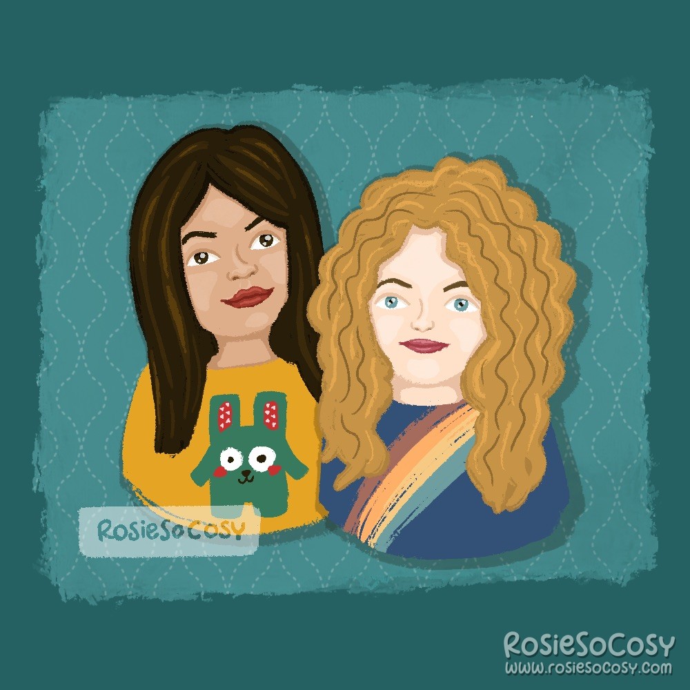 An illustration of two women. The one on the left has a light, somewhat tanned skin tone, dark brown straight hair and brown eyes. The one on the right has blonde curls, blue eyes and a fair skin colour. The brunette is wearing a yellow jumper with a teal Freezer Bunny on it, and tye blonde is wearing a blue dress with a rainbow on it.