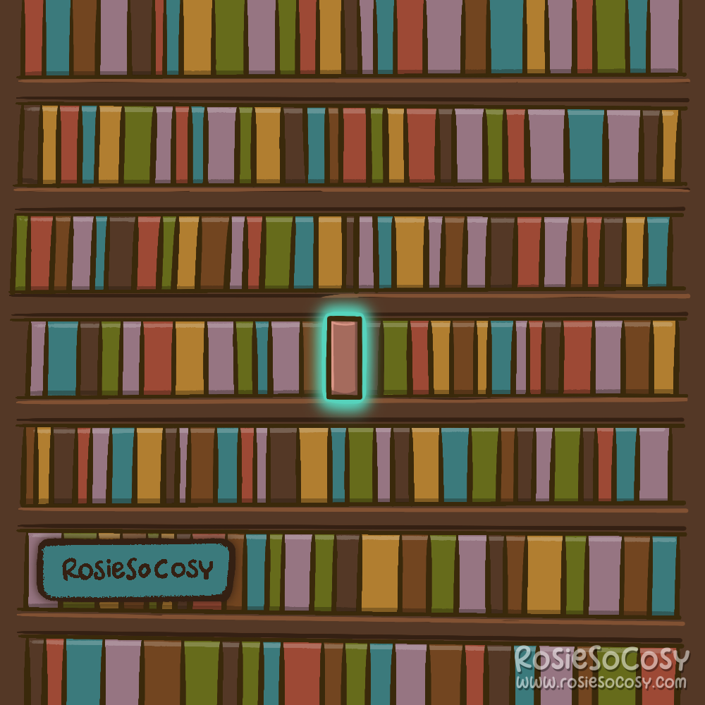 It’s a large bookcase stretching from left to right, top to bottom, filled with books in red, yellow, brown, blue and green. There’s one pink book in the middle, and it has an aqua glow surrounding it.