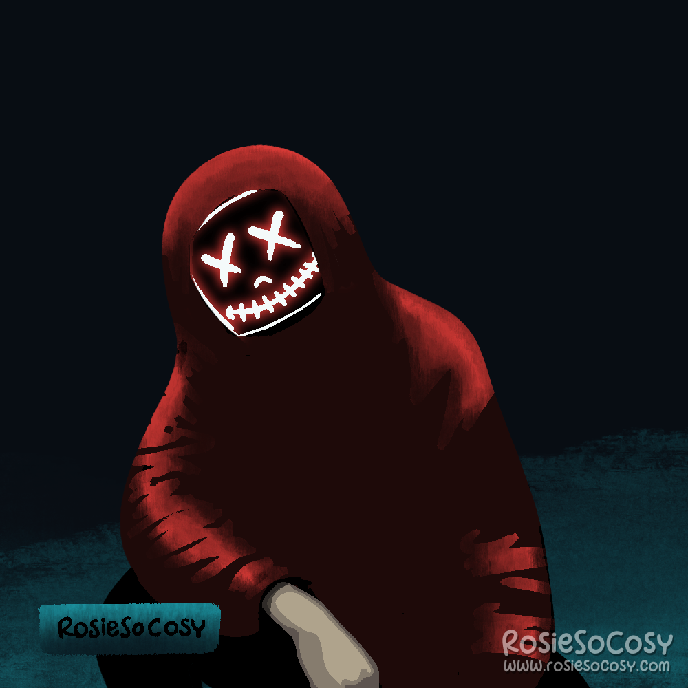 Illustration of a creepy looking person squatting on the asphalt outdoors. It is really dark out. The person has their head tilted, and is wearing a red hoodie and a neon face mask, covering their entire face. The eyes are crossed out, and the mouth looks likeit has been stitched.