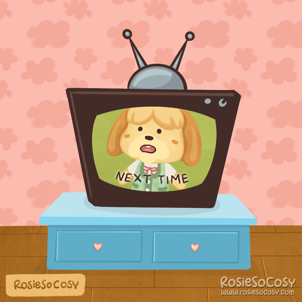 Isabelle from Animal Crossing on a vintage, 50 style television. Pink wallpaper with clouds, wooden floor, blue tv cabinet.