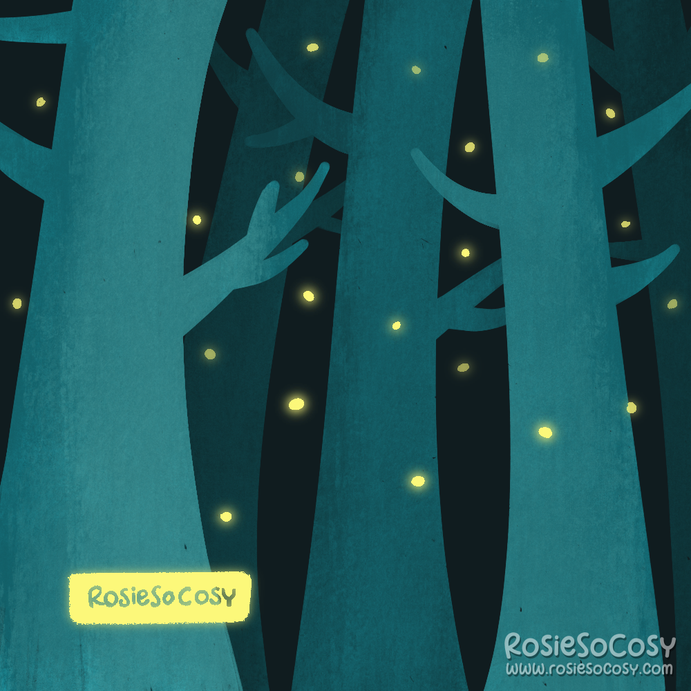 Illustration of a forest with lots of teal coloured trees in the night time.There are dozens of fireflies all around.