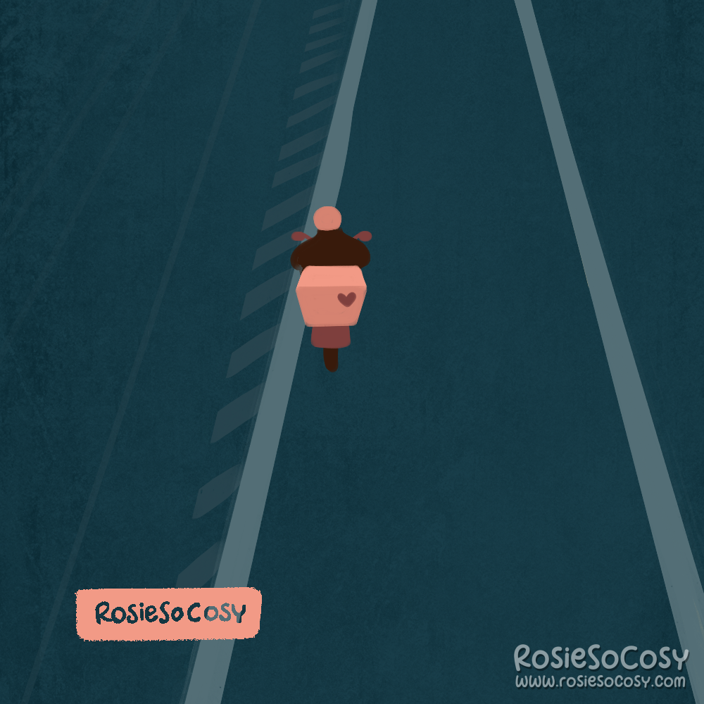 Illustration of a delivery person on a scooter, with a pink delivery box on it. The road is a very dark blue. The delivery person is wearing a brown jacket and a pink helmet.