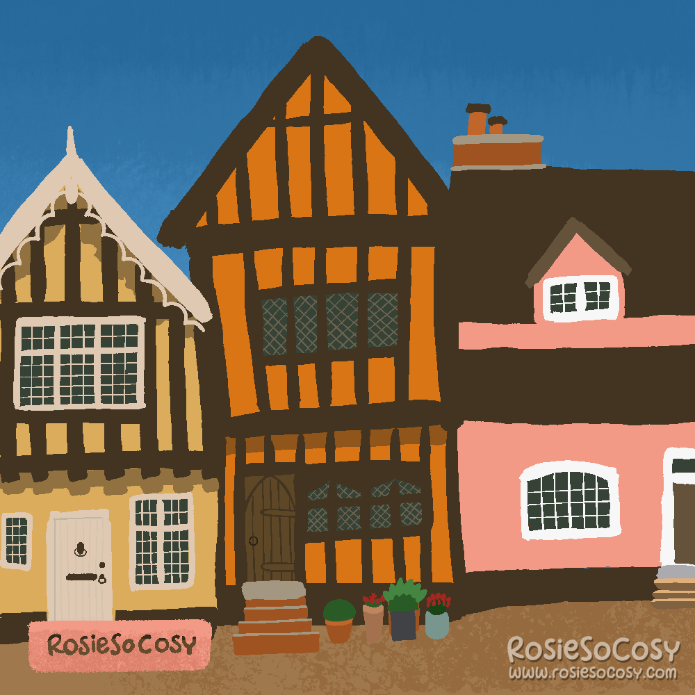 An illustration of the Crooked house in Lavenham.The crooked house in the middle is orange. The house on the left is a sunny yellowwith a white door and white paneled windows. The house on the right is light pink.