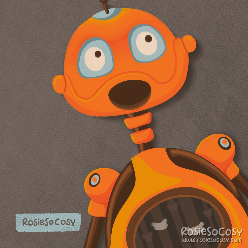 An illustration of a bright orange robot with dark brown and light blue details. You can see inside its body, there are electrical cords of some sort inside. The robot is looking to the upper right corner. The background is a dark brown grey hue.