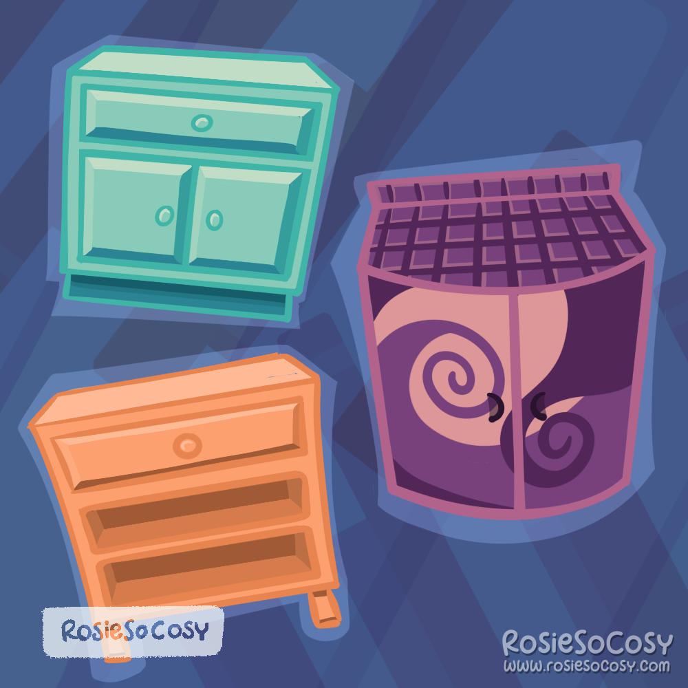 An illustration of kitchen counters. Three of them. The top left one is a soft aqua colour with straight, rectangular doors and drawer. The bottom left ons is an orangy colour, with a drawer and underneath two open shelves. The counter on the right is a dark purple with a tiled counter surface. There's a swirly pattern all over. The counter front is rounded. A nod to one of the counters from The Sims basegame.