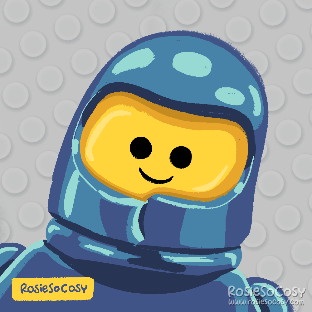 An illustration of a classic space LEGO minifig in blue. One could argue that this is Benny. The space dude is wearing a blue helmet with a cracked chin strap, and a matching blue outfit. The background is light grey and has a brick pattern all over.