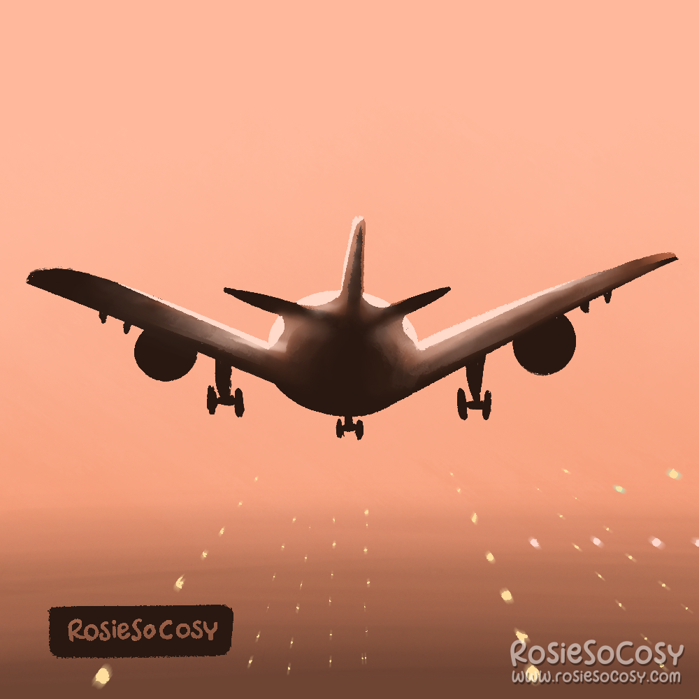 An illustration of an airplane landing on the runway. The sky is orangy and foggy, Below the airplanes, on the runway, are smallyellow lights.