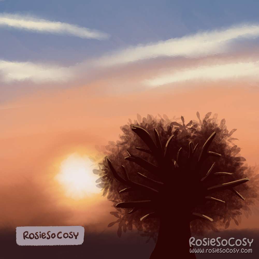 Illustration of a sunrise in the morning. The sun is low and bright white. The sky is orange, fading from very dark to brighter yellow, and then blue higher in the sky. There are some clouds in the sky. There is a tree silhouette in the bottlm right corner.