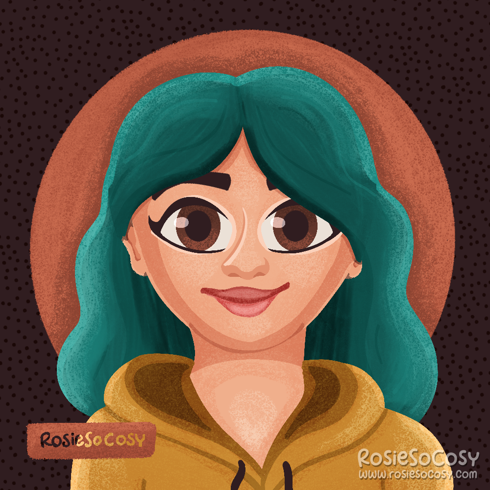 Self portrait illustration of Rosie with seafoam hair, pink lips, big brown eyes and an ochreyellow hoodie.