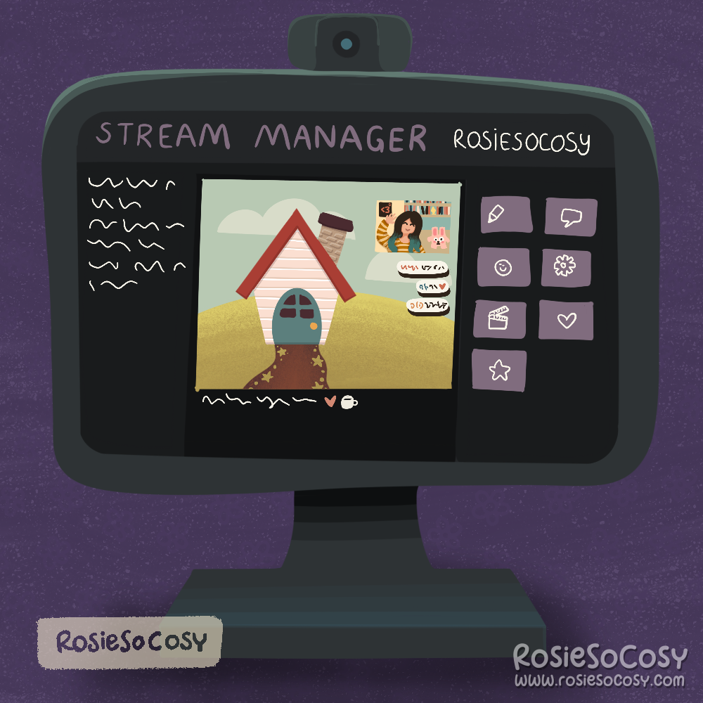 An illustration of a monitor with what appears to be a Twitch dashboard, with a preview of the stream, quick actions on the right and some jibberish on the left. The stream is showing an Animal Crossing style game and a webcam with Rosie in it.