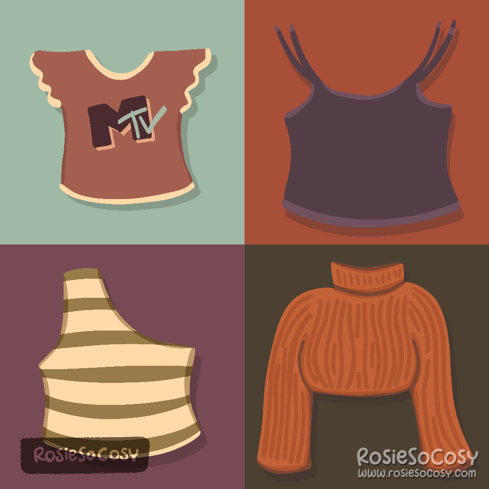 An illustration of four different clothing tops, inspired by the 90s. Top left has a brownish red top with MTV logo, top right has a purple spaghetti top, bottom left is an assymetrical cream and green striped top, bottom right is a wooly orange crop top with long sleeves.