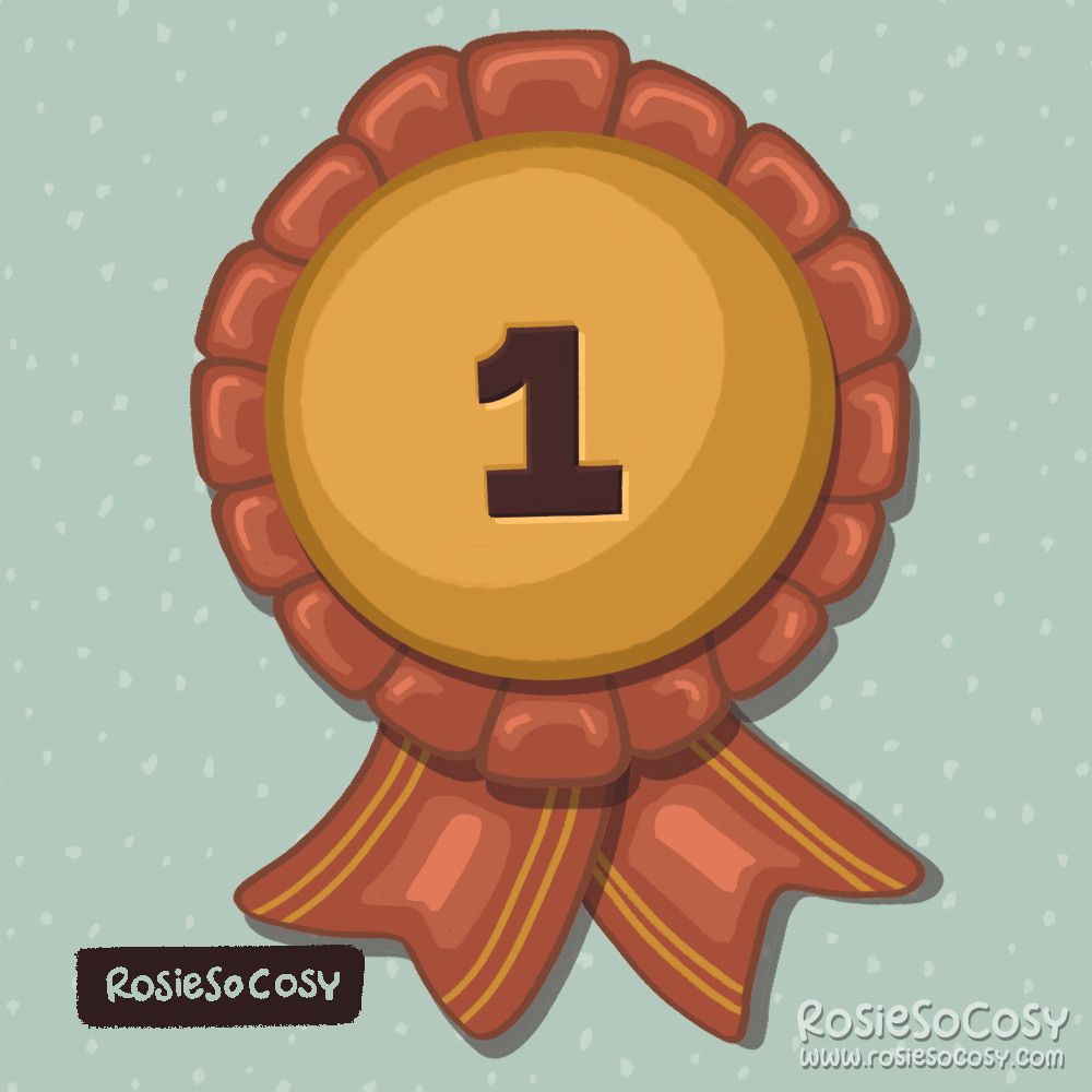 Illustration of a red and gold first place prize ribbon.