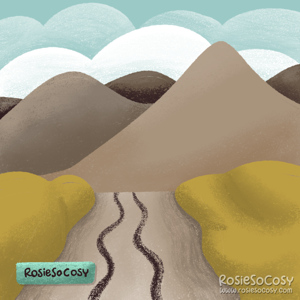 An illustration of a road with skid marks on it. No car in sight. In the distance are greyish mountains and a blue cloudy sky.