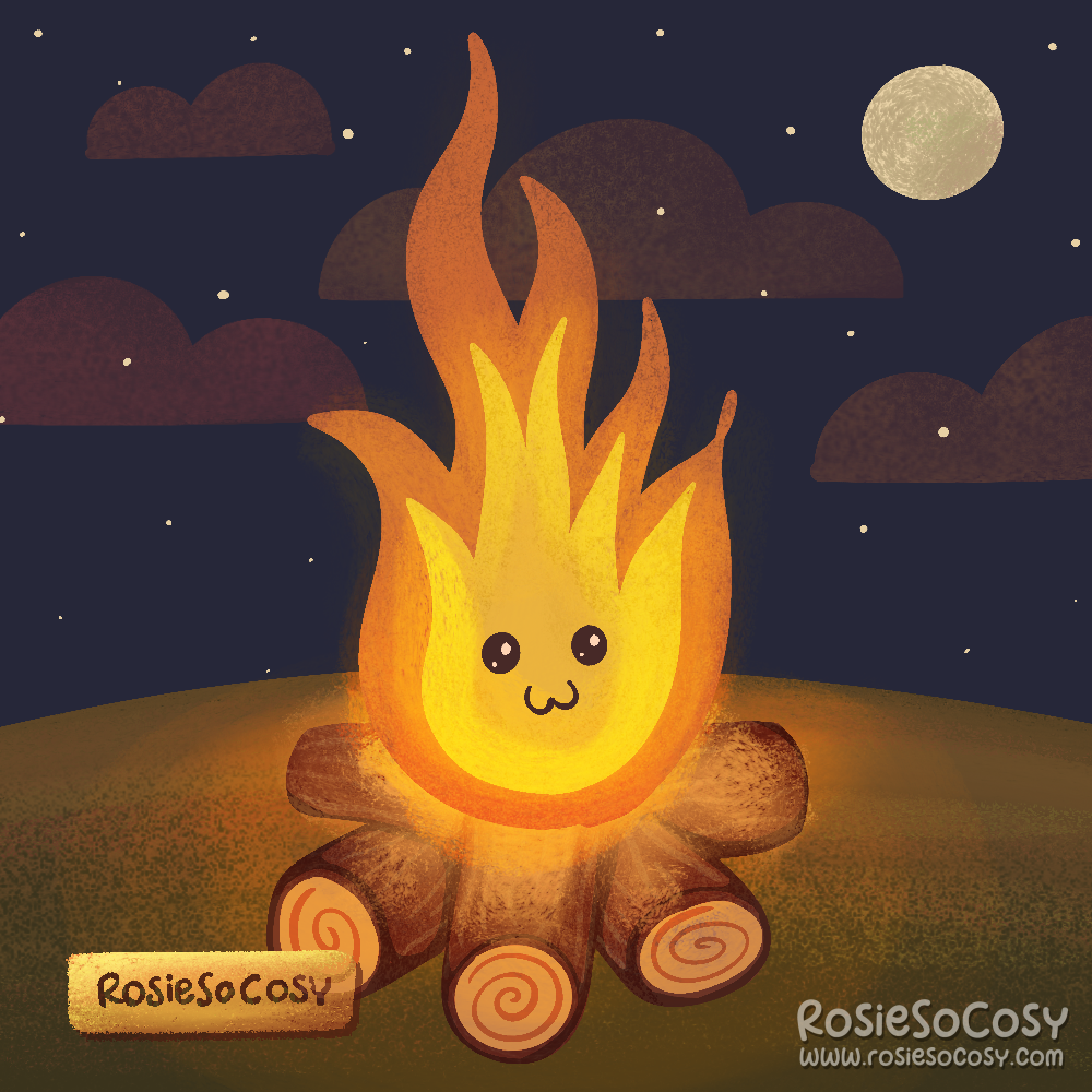 Illustration of a cute bonfire or campfire at night. The bonfire has a cute face with glossy eyes. The flames have a yellow/orange glow reflecting om the logs and the grass below it. The moon and stars are clearly visible in the night sky.