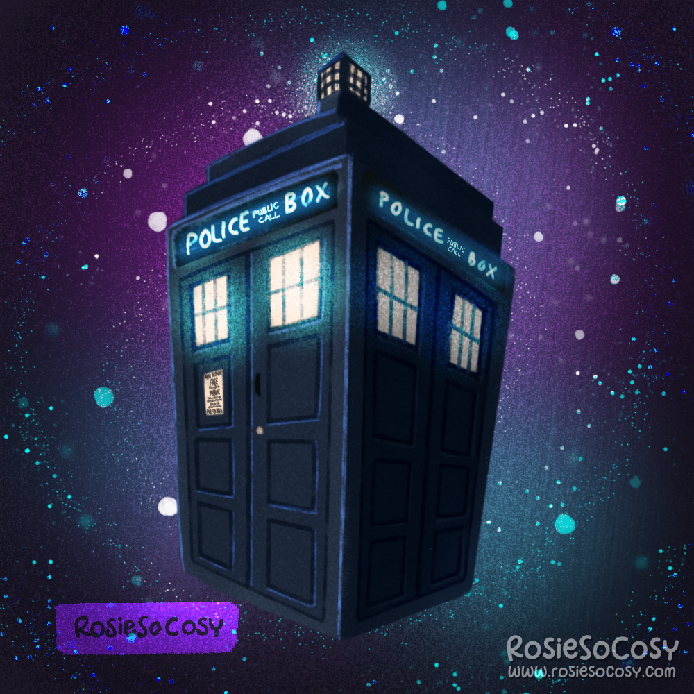 An illustration of a blue police box, these days better known as the TARDIS (Time and Relative Dimension in Space) from Doctor Who.