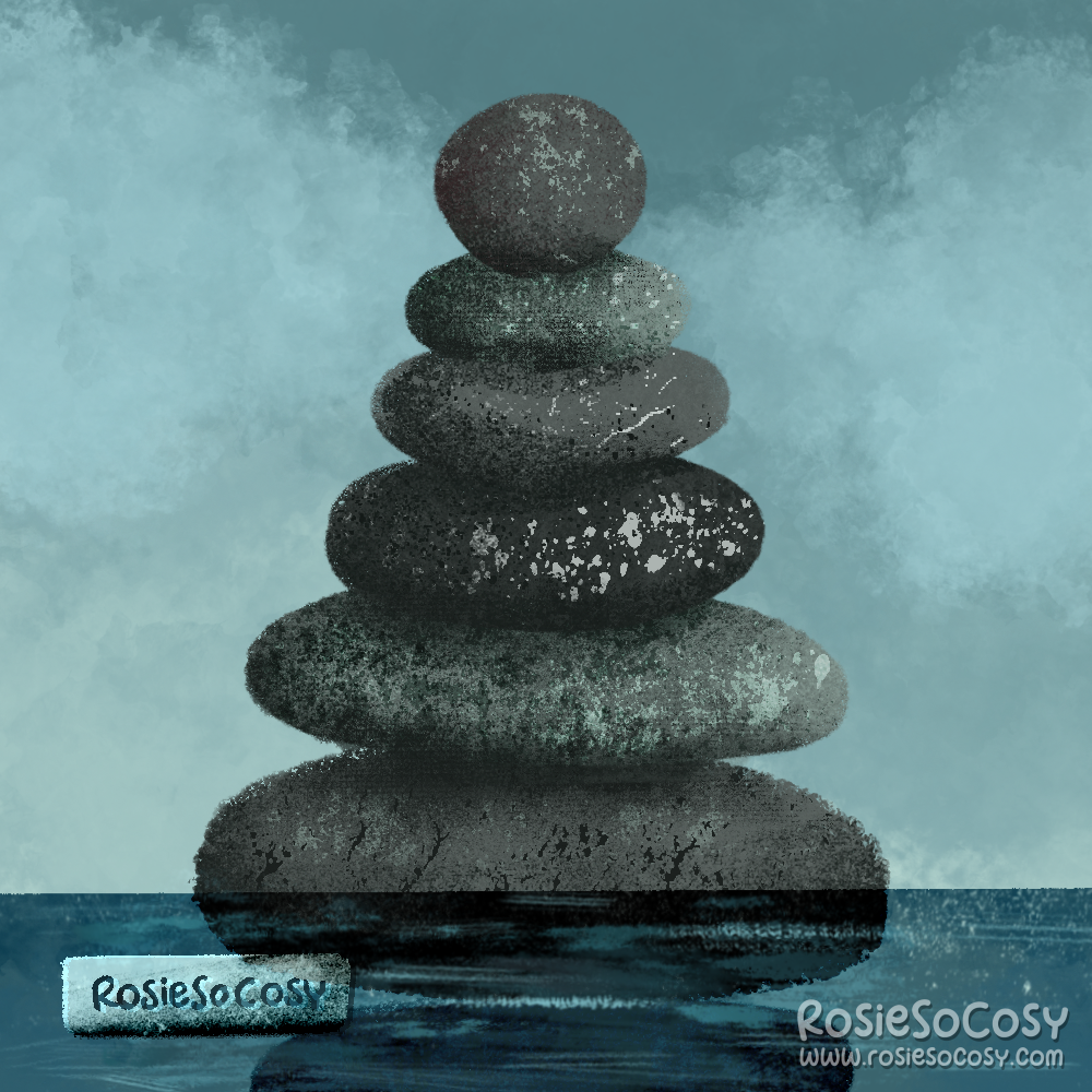 An illustration of balancing stones, stacked on top of each other. The stones are all grey, some a bit darker than the others. The stones are surrounded by water, and the sky behind the stones is a misty faded blue.