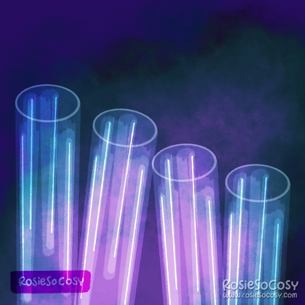 An illustration of four test tubes/vials next to each other. They're transparent, but there's a teal and purple smoky chemical reaction happening in/behind them. The background is a really dark blue with more smoky effects.