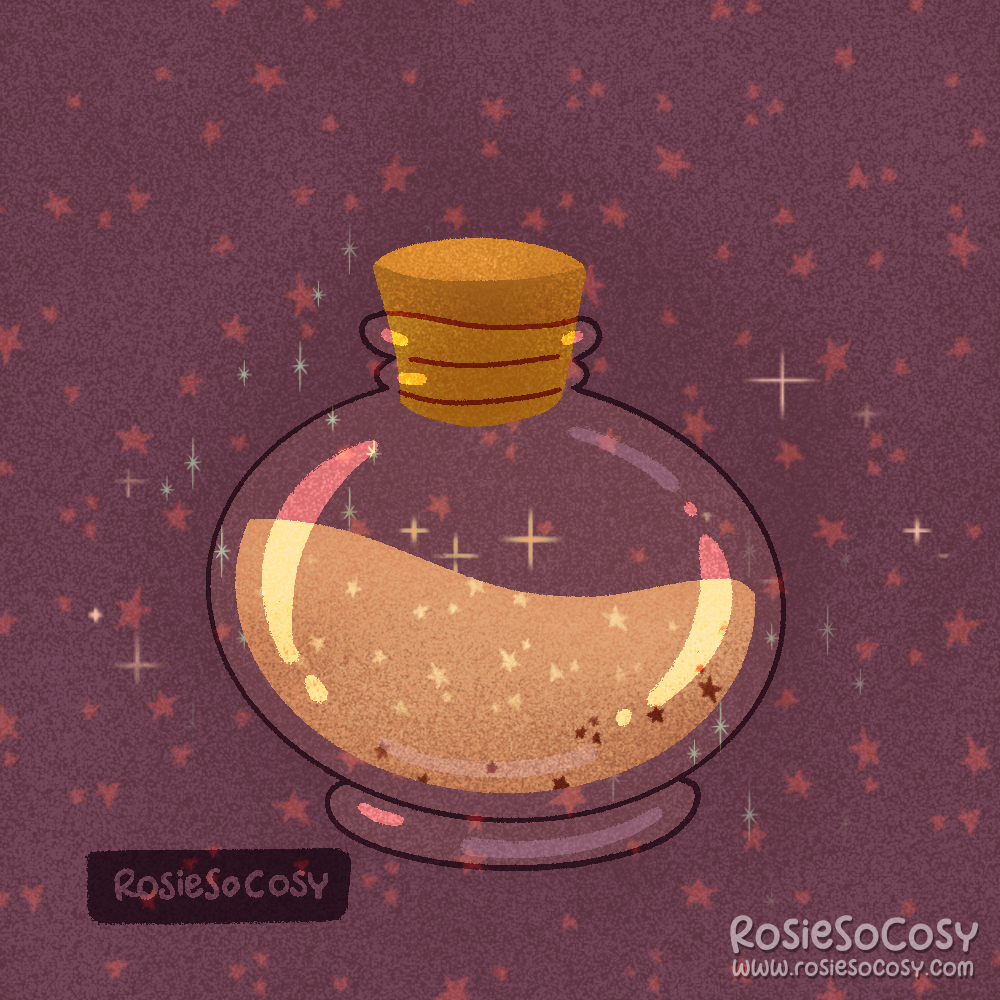 Illustration of a transparent glass round bottle with fairy dust in it. It sparkles.