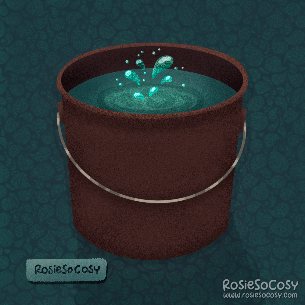 An illustration of a dark brown bucket filled with water, with water splashing down causing drops to splash up.