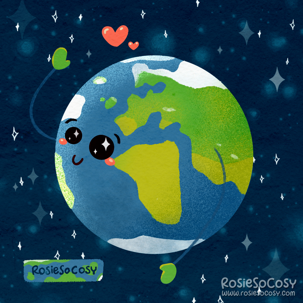 An illustration of earth. Earth has kawaii eyes and cheeks, is smiling and is waving at the stars in the distance.