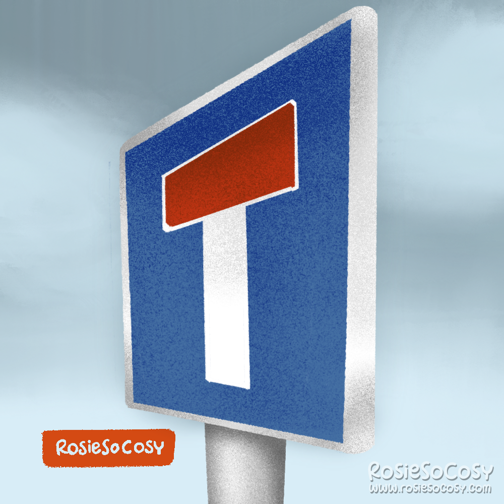 An illustration of a European traffic road sign for dead end streets. It’s rectangular, dark blue and a white T symbol with the upper part in red, indicating a block in the road.