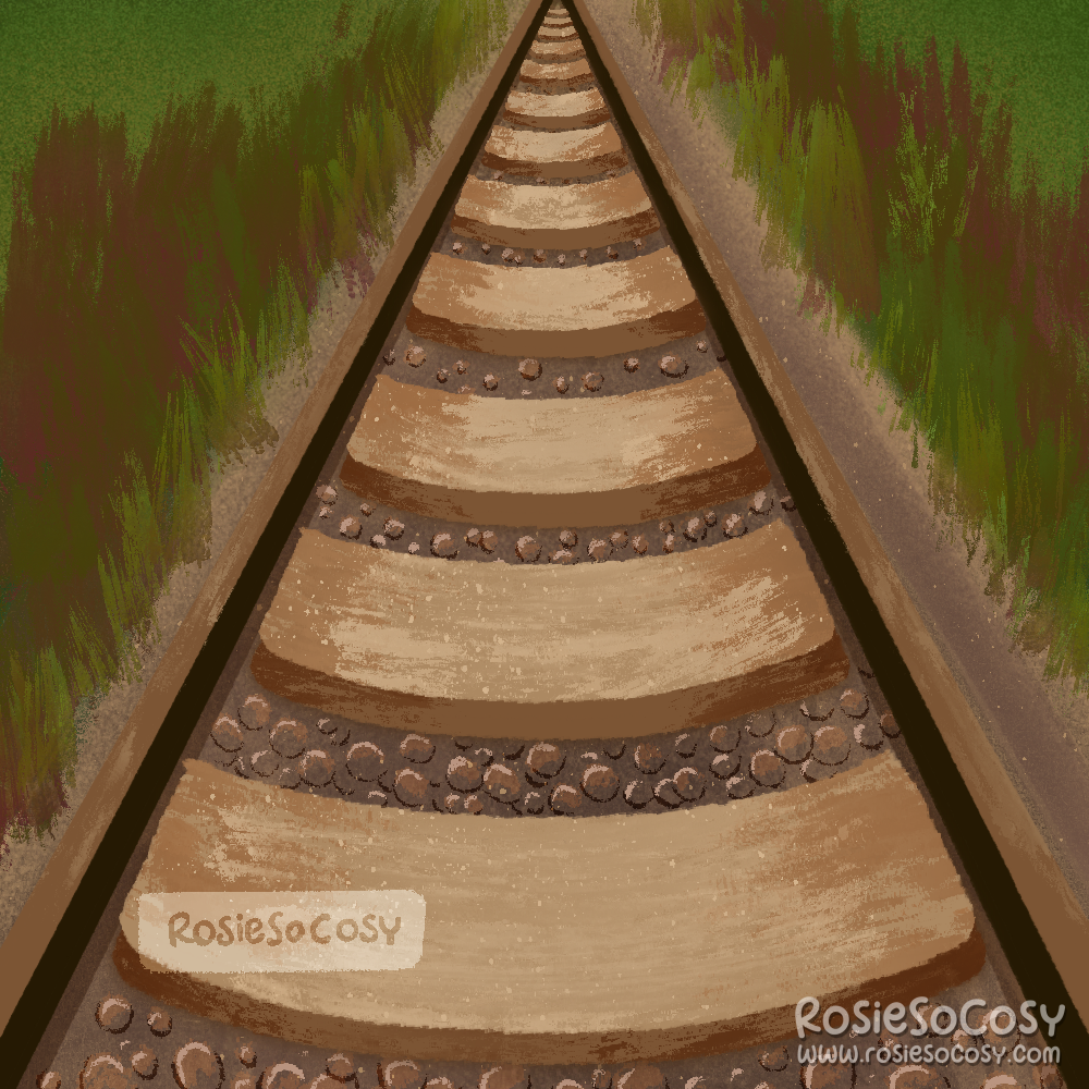 An illustration of train tracks. You can’t see where they go, just, far away. Surrounded by high grass with brownish hues, indicating end of summer or fall season. There are pebbles between the tracks.