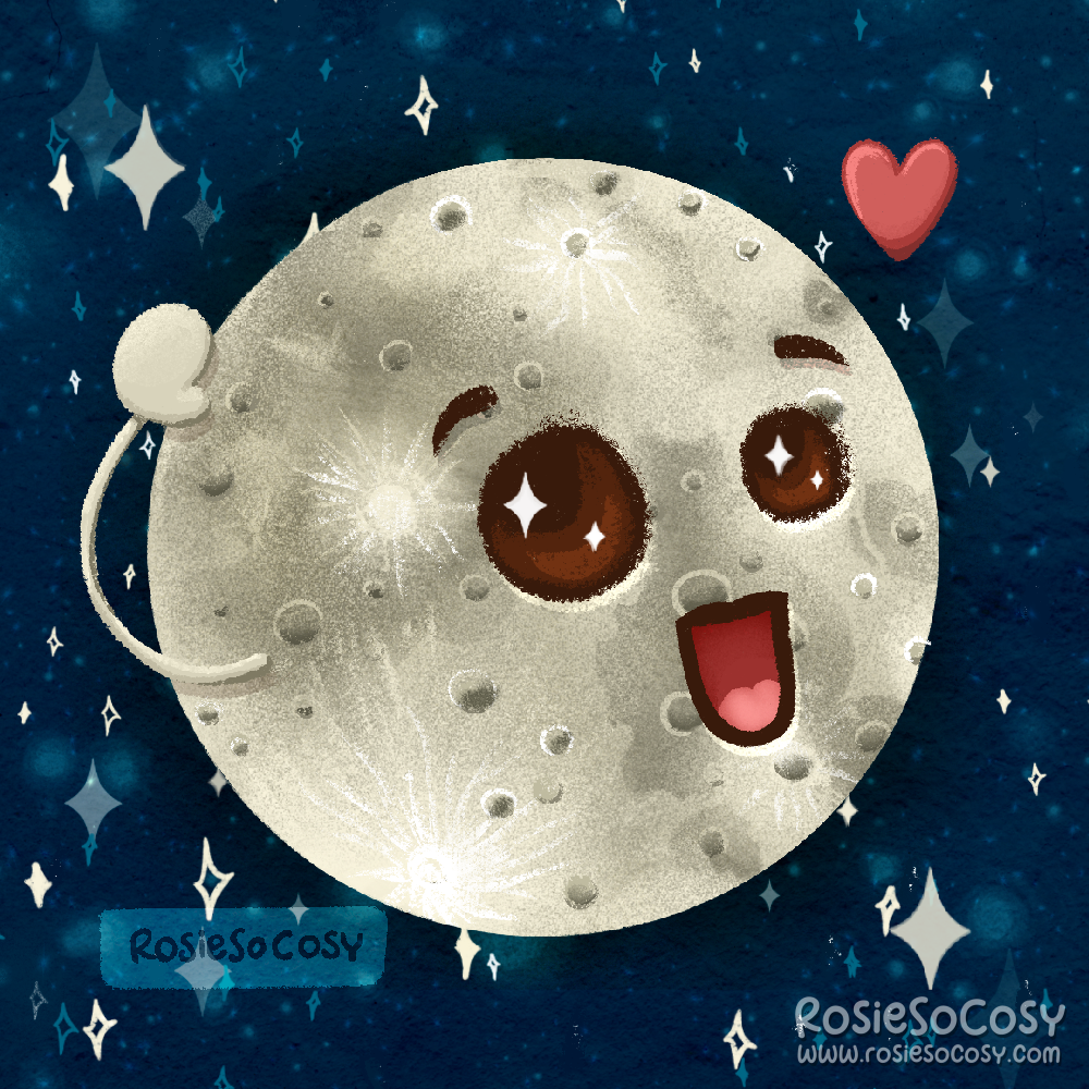An illustration of our soon, with kawaii eyes. Moon is waving (back) at Earth.