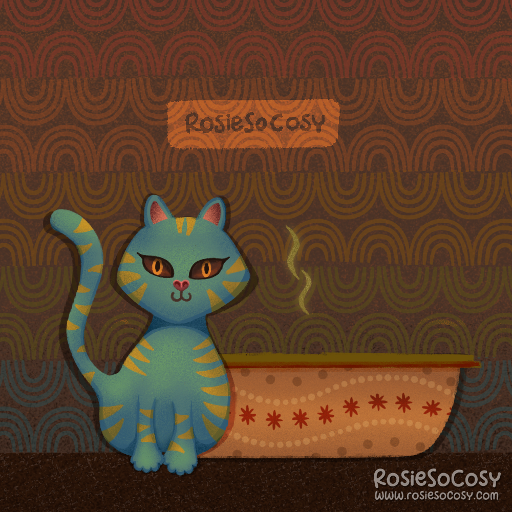 An illustration of a retro look kitty next to a cat litter box. The cat is a greenish blue with a yellowish stripey pattern. The litter box is orange with red floral details. The wallpaper is a retro rainbow pattern. There is a green smell coming from the litter box.