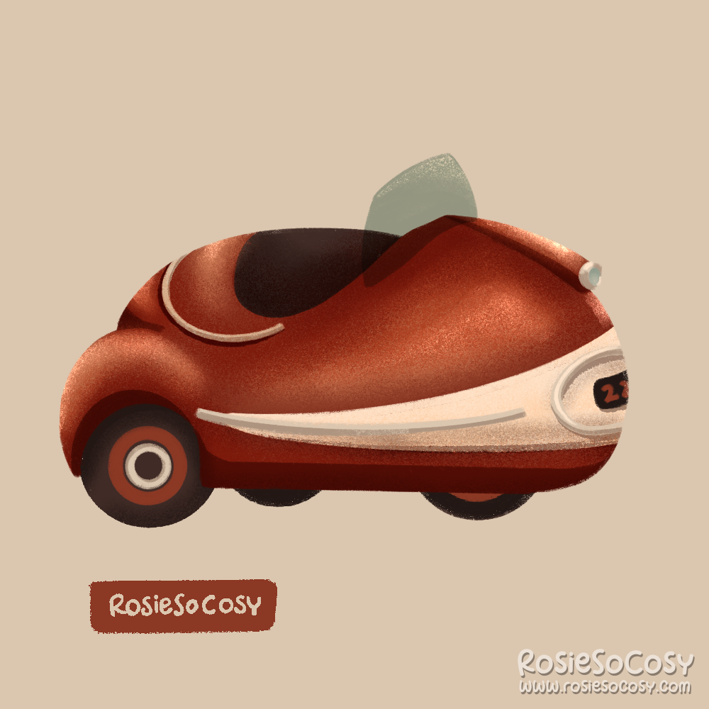 An illustration of a bubble (?) car, cabrio  with a windhield. It’s a red colour with cream and dark brown accents.