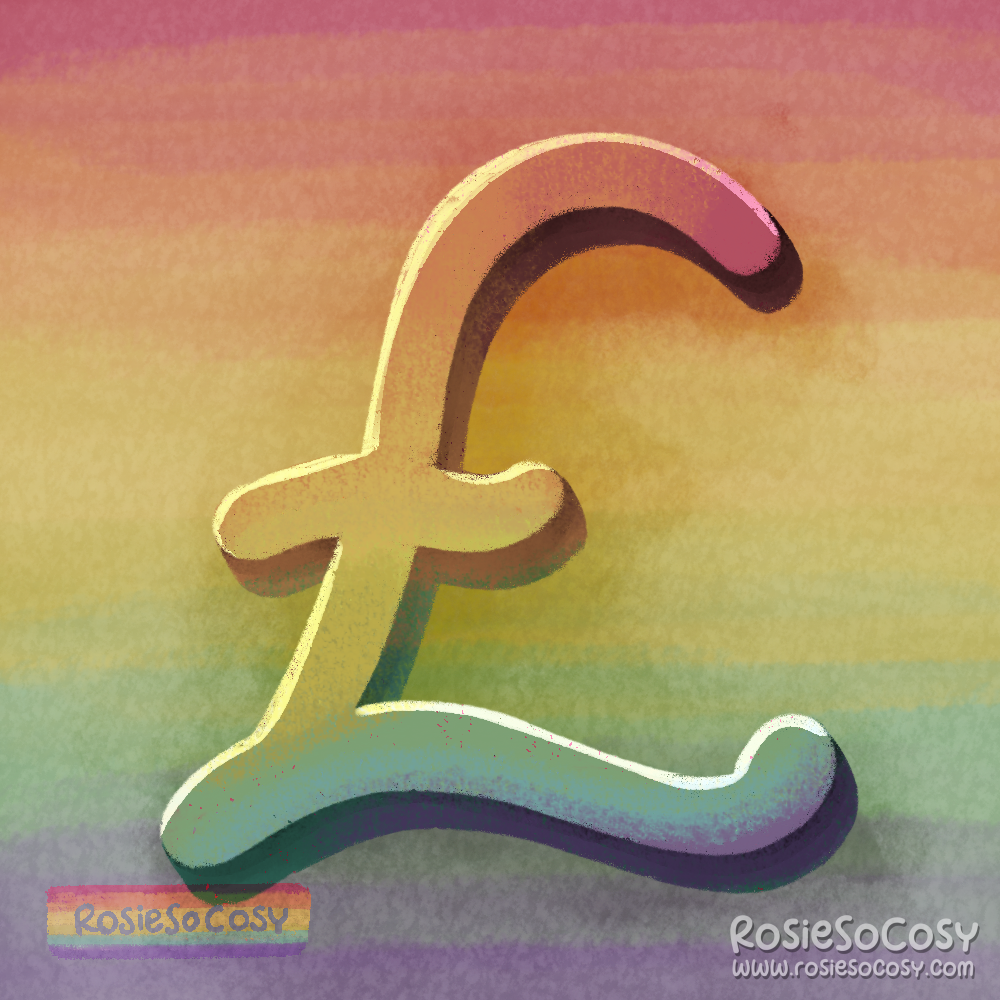 A British Sterking Pound sign in rainbow colours.