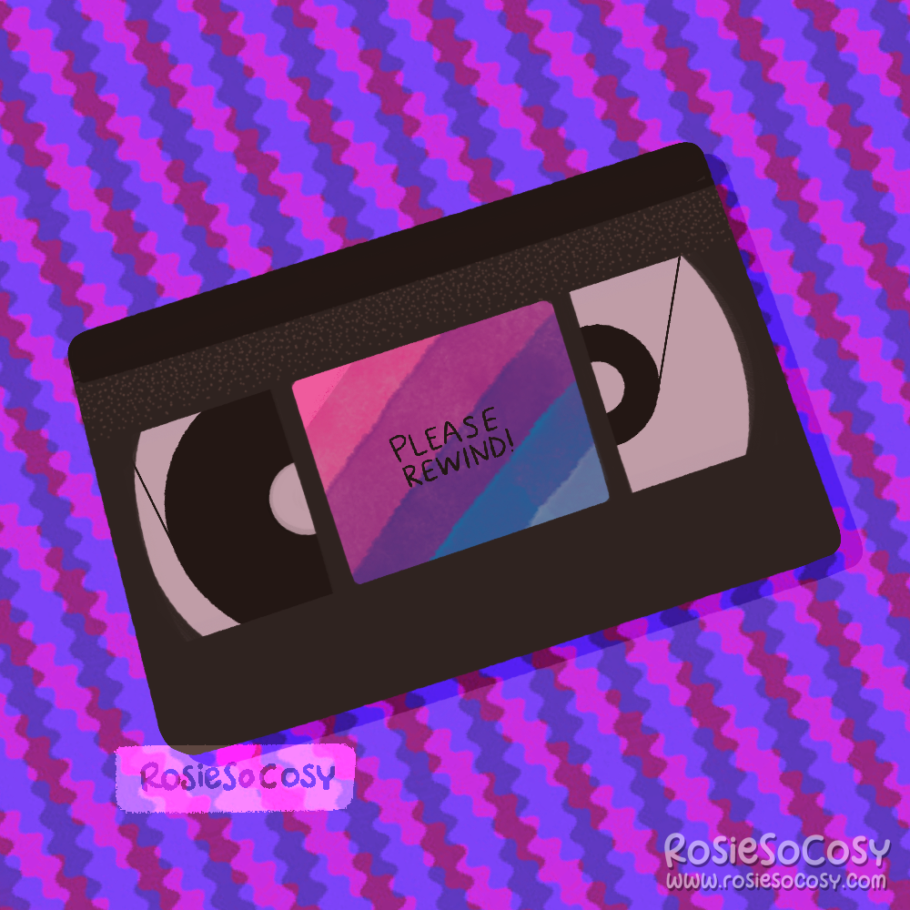 An illustration of a black VHS tape with a pink, purple and blue label on it, with the text “please rewind” on it.