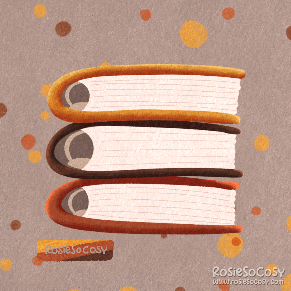 An illustration of three stacked Filofax like ring planners/organizers. The topone is an ochre colour, the one below is a dark brown colour, and the bottom one is a terracotta red colour. They are all filled with offwhite paper. The background is a beige grey paper texture with ochre, brown and terracotta dots.