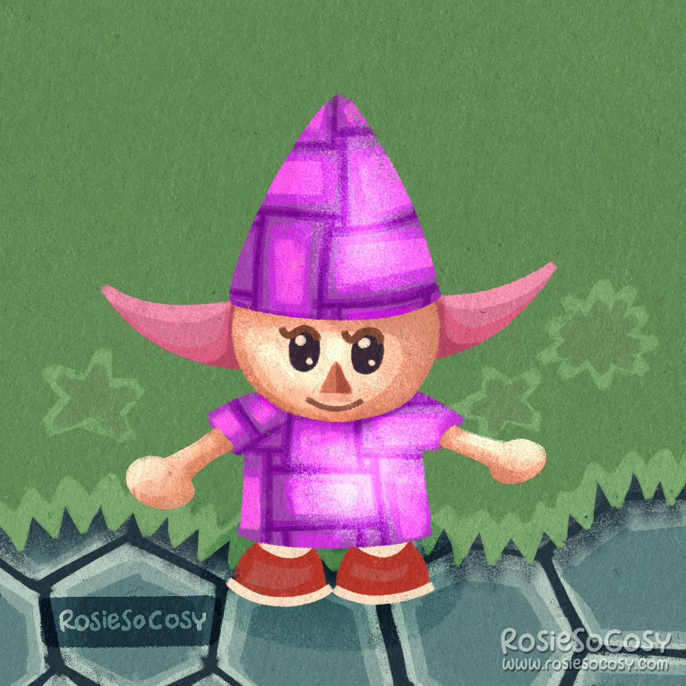 A girl character in Animal Crossing doing morning aerobics at the Wishing Well. She is wearing a pinkish purple outfit and same colour pointy hat, she has light pink hair and is wearing red shoes. She is waving her arms around. Below her are stone pavers and behind her is green grass.