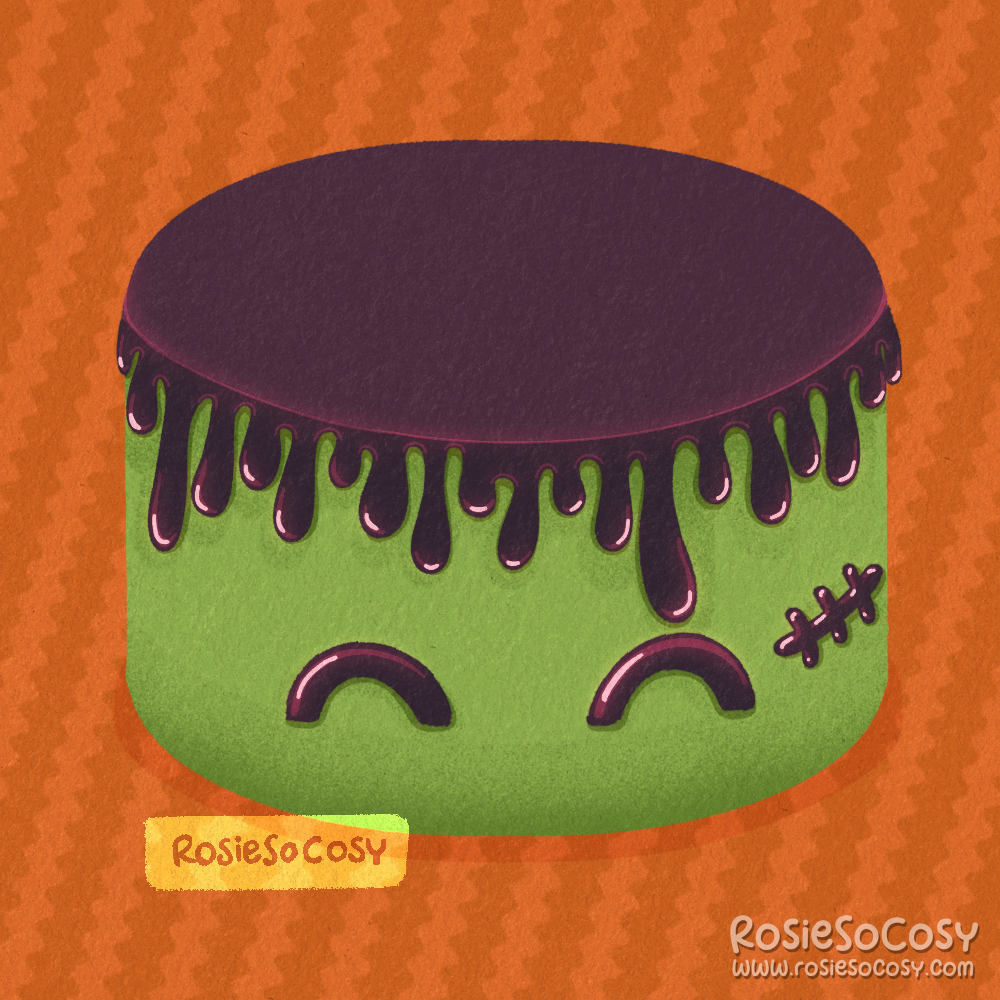 An illustration of a green and purple zombie cake, with the purple frosting dripping off the sides of the green cake. The eyes are cute, but there is also a stitched scar type decoration on its cheek. The background is a playful orange zigzag pattern.