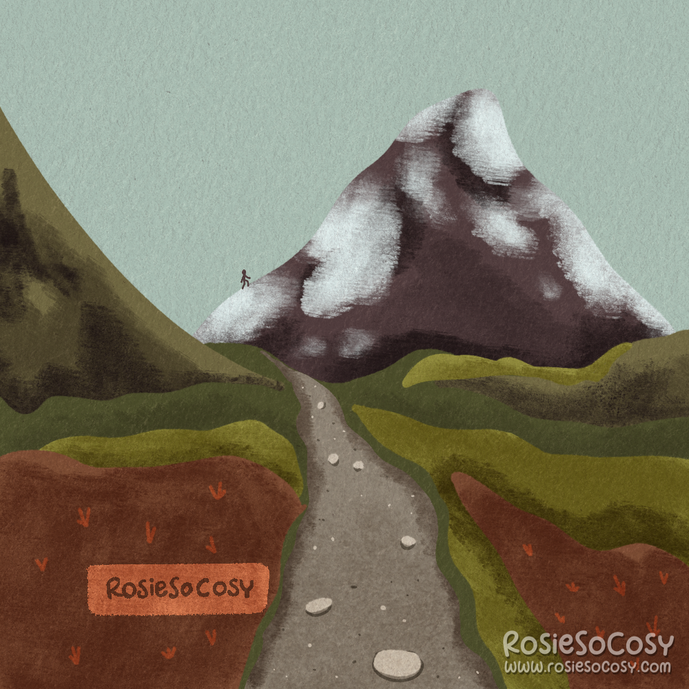 An illustration of a autumn landscape, with a grey pebble path in the middle, leading towards a somewhat snowy mountain in the distance. On the left is another mountain, which is green.