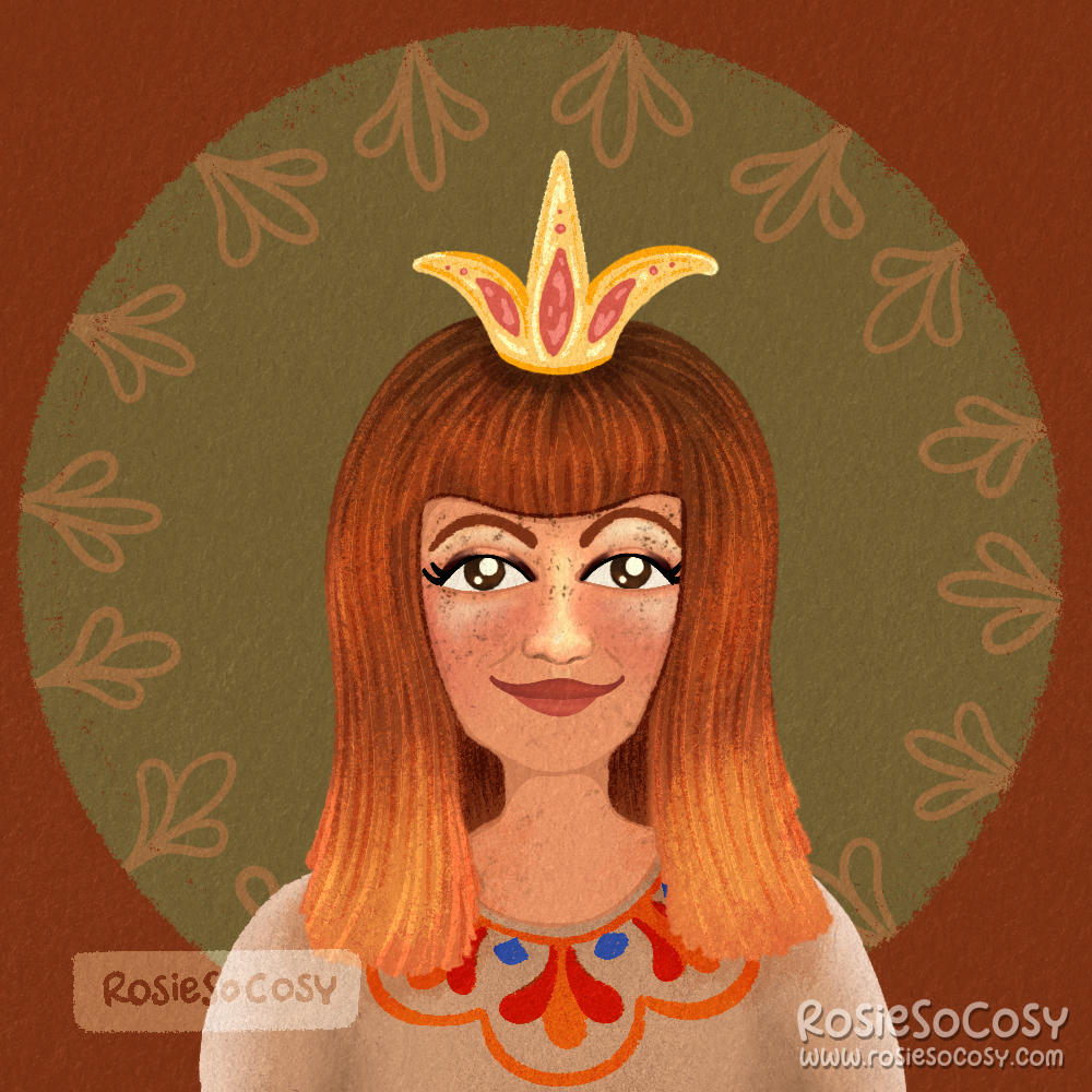 An illustration of a redheaded lady, wearing a crown and a beige shirt with red/orange and blue embroidery. The woman is based on Fauna from Animal Crossing, who wears the same beige shirt in Animal Crossing: New Horizons, and has a similar colouring to the woman’s hair.